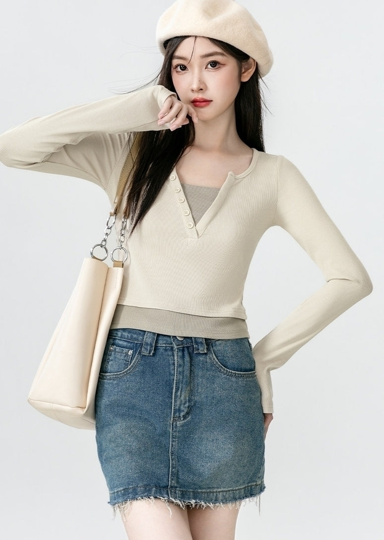 Contrast V Neck Layered Look Slim Fit Long Sleeve Top