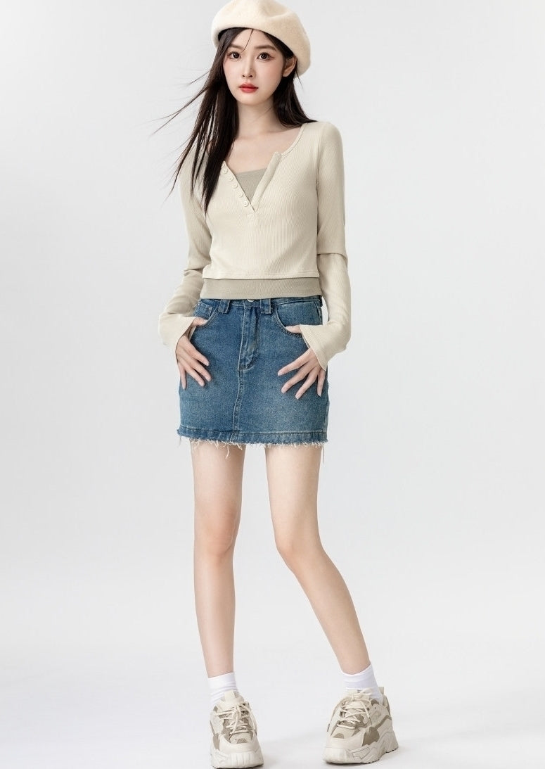 Contrast V Neck Layered Look Slim Fit Long Sleeve Top
