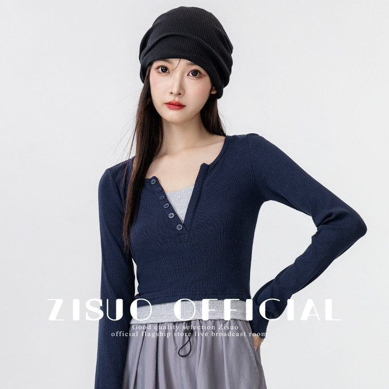 Contrast V Neck Layered Look Slim Fit Long Sleeve Top