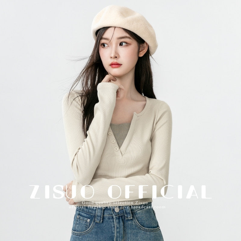 Contrast V Neck Layered Look Slim Fit Long Sleeve Top