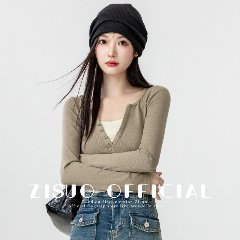 Contrast V Neck Layered Look Slim Fit Long Sleeve Top