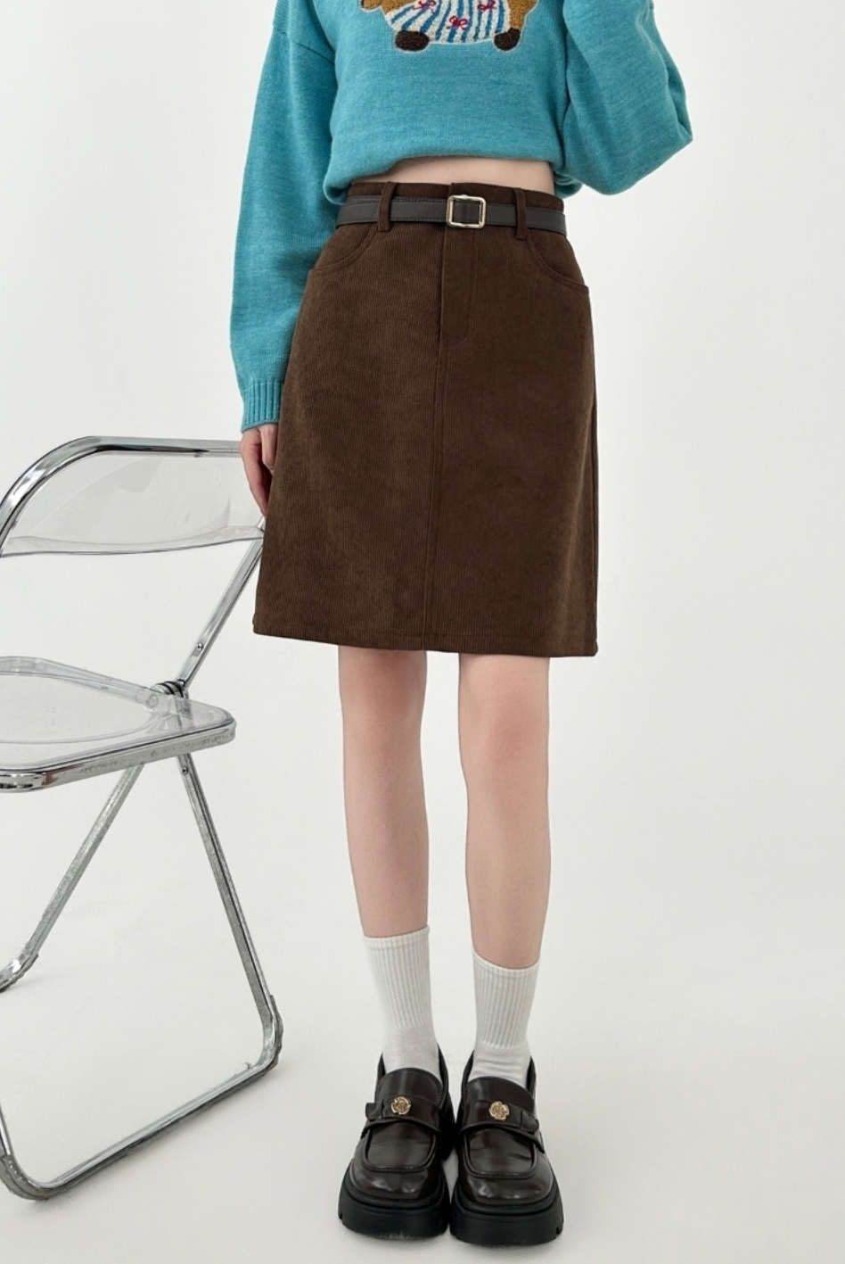 Corduroy High Waist A Line Midi Skirt
