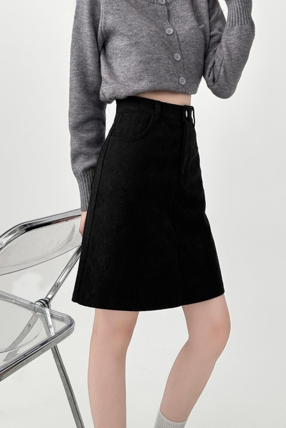 Corduroy High Waist A Line Midi Skirt