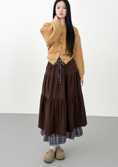 Corduroy Plaid Layered Midi Skirt For Autumn