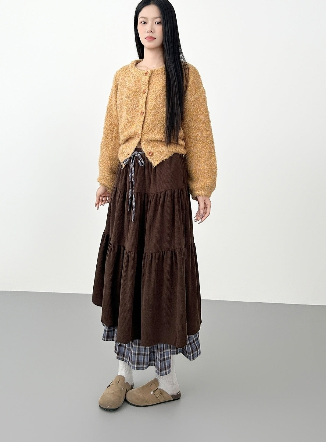 Corduroy Plaid Layered Midi Skirt For Autumn