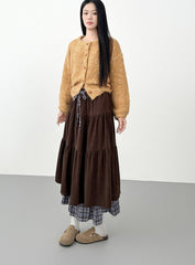 Corduroy Plaid Layered Midi Skirt For Autumn