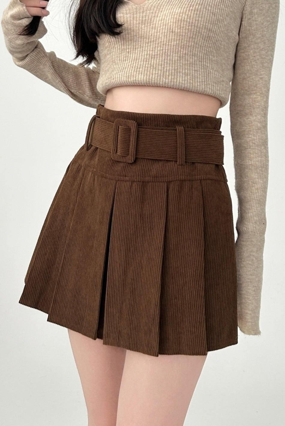 Corduroy Pleated Skirt High Waist Slim Fit