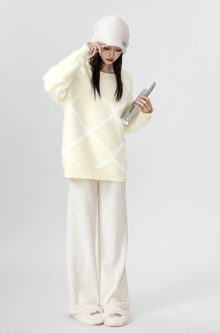 Cozy Beige Knit Sweater With Argyle Design