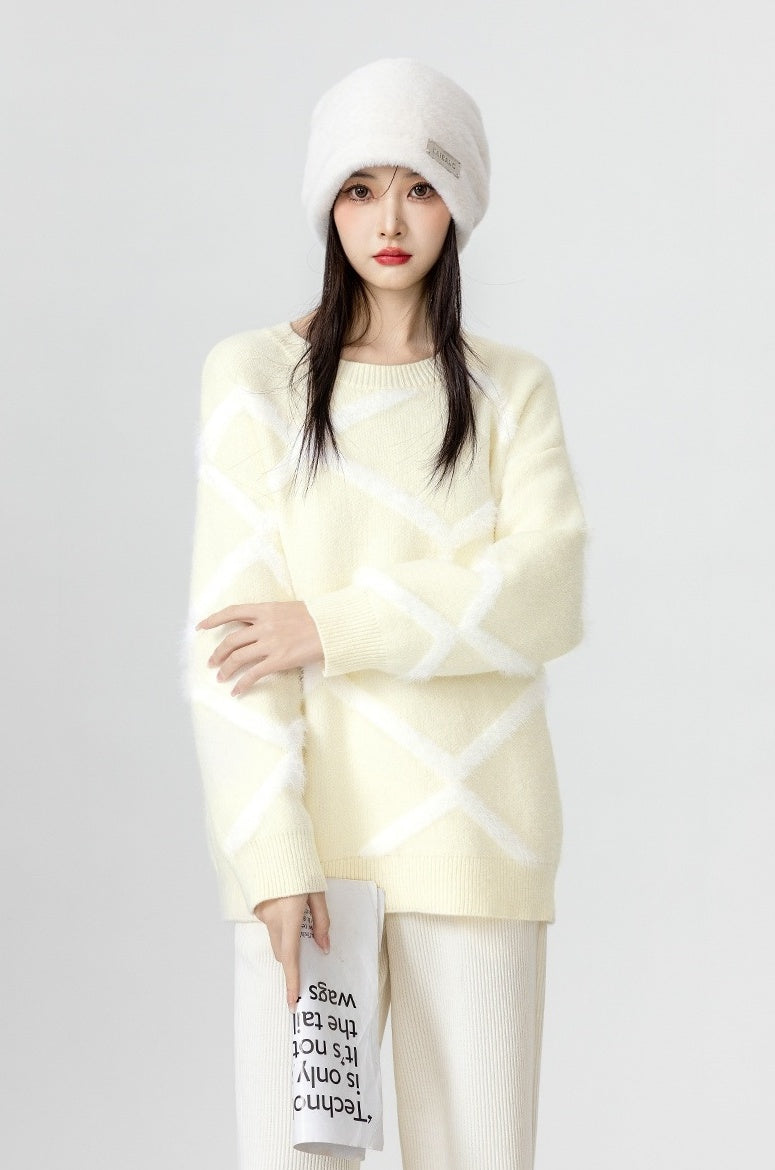 Cozy Beige Knit Sweater With Argyle Design