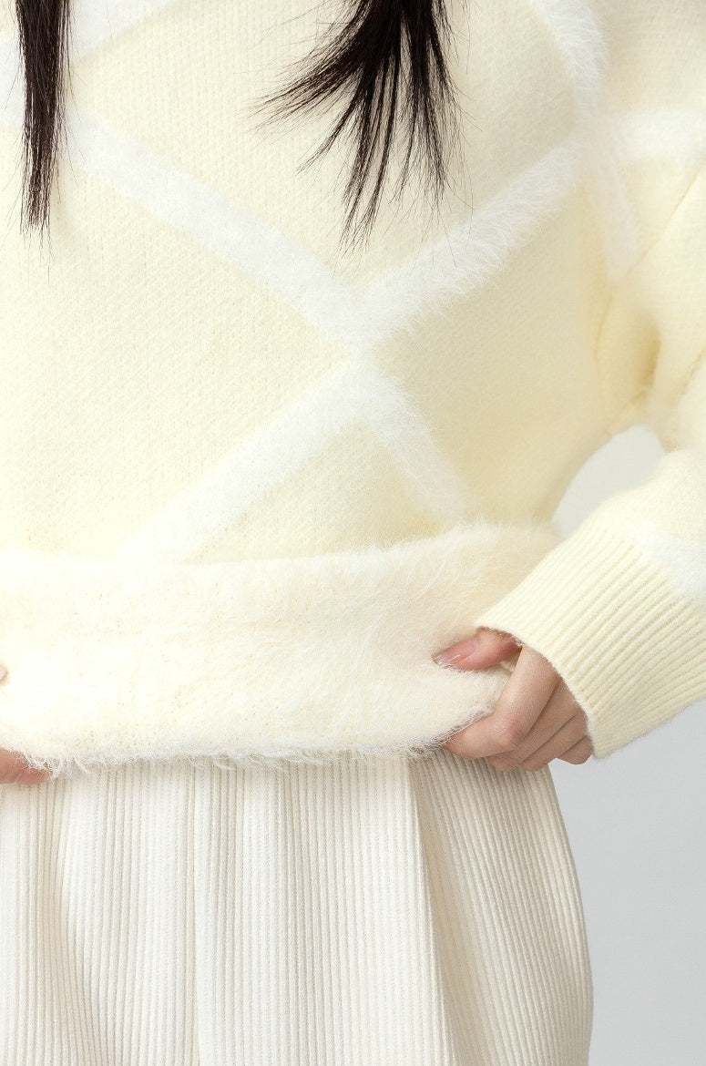 Cozy Beige Knit Sweater With Argyle Design