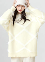 Cozy Beige Knit Sweater With Argyle Design