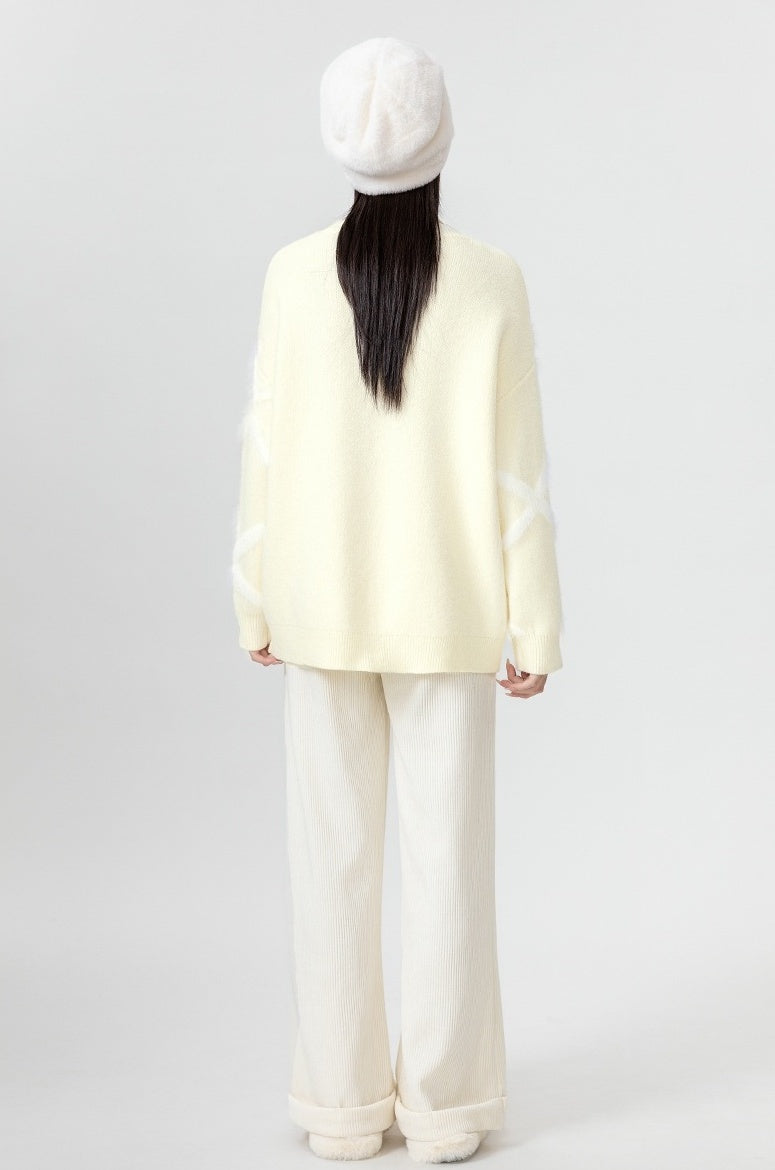Cozy Beige Knit Sweater With Argyle Design