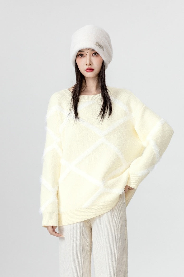 Cozy Beige Knit Sweater With Argyle Design