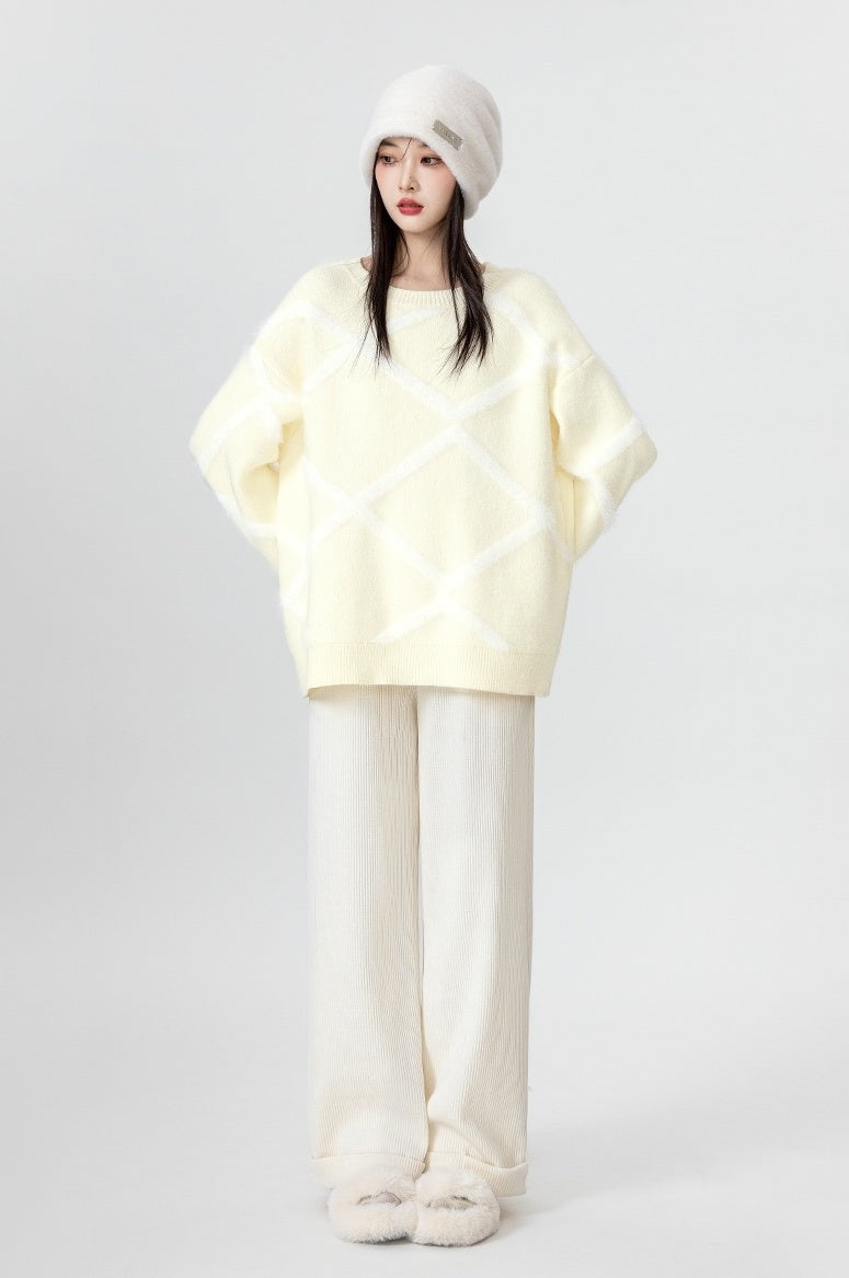Cozy Beige Knit Sweater With Argyle Design