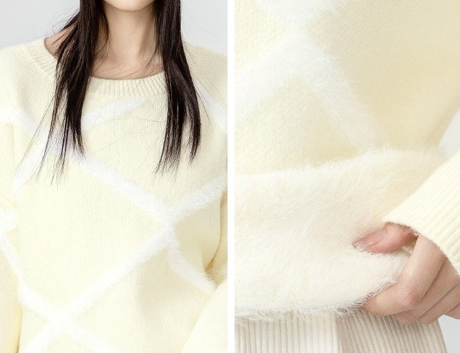 Cozy Beige Knit Sweater With Argyle Design