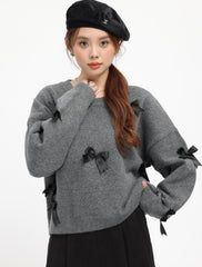 Grey Cozy Ribbon Detailed Knit Sweater