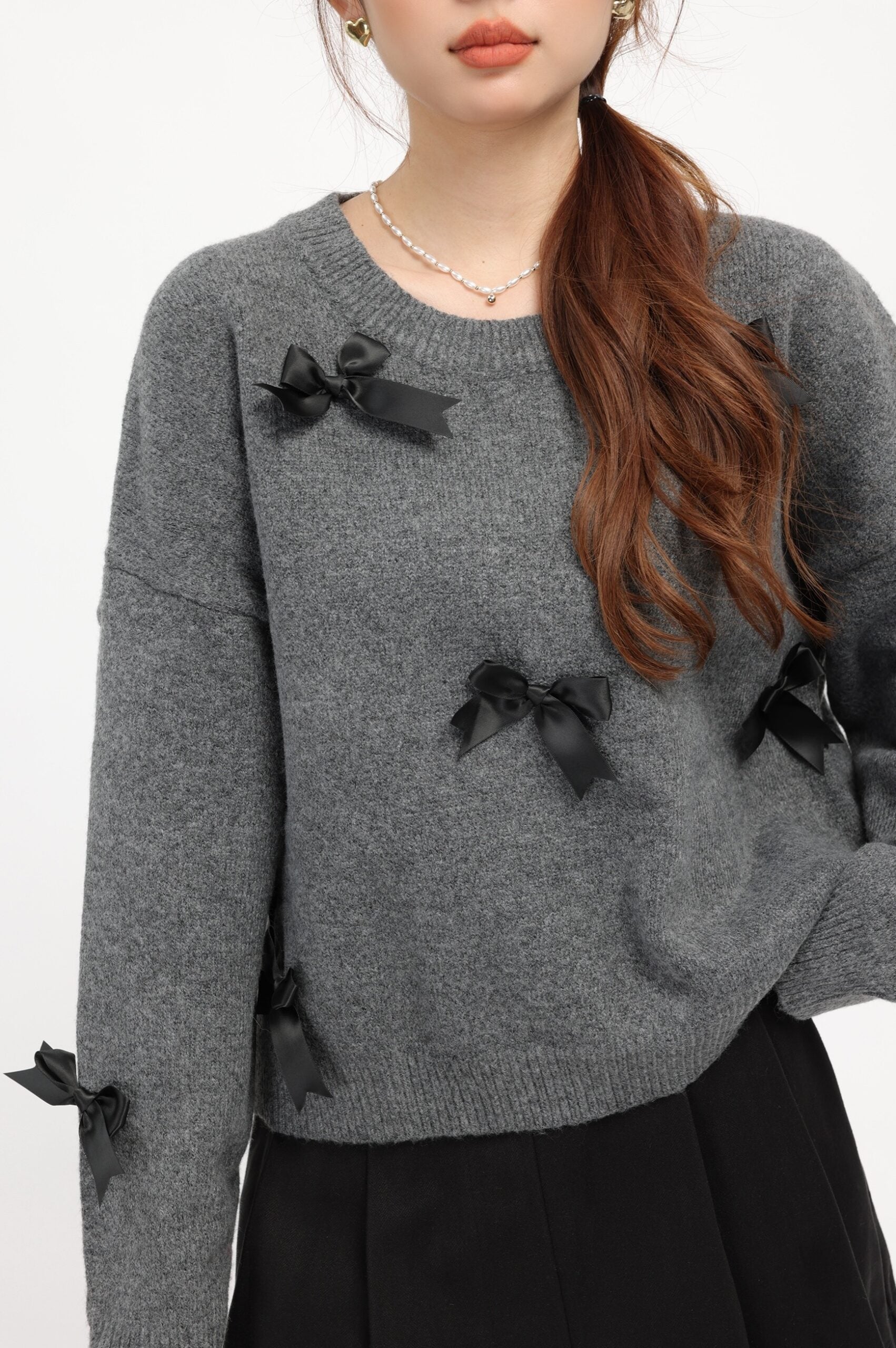 Grey Cozy Ribbon Detailed Knit Sweater