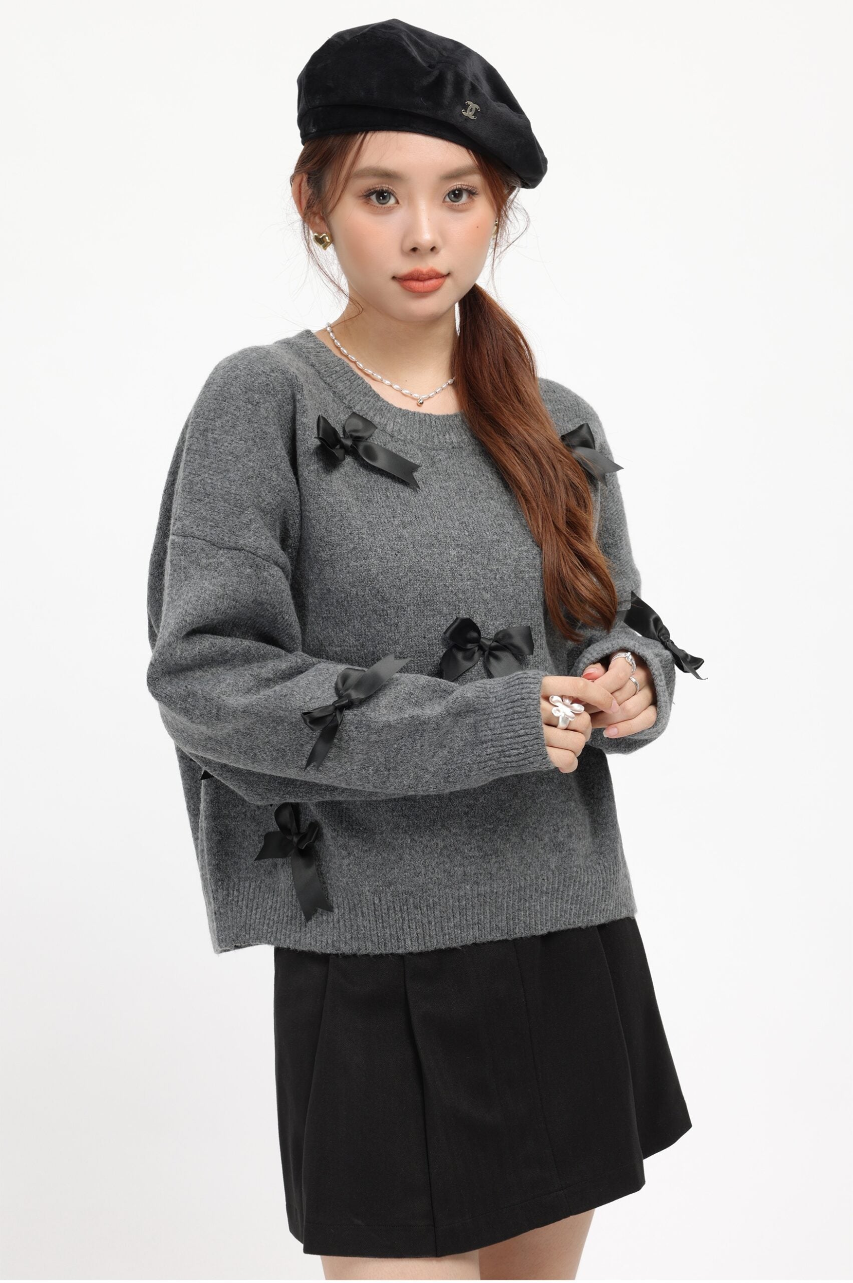Grey Cozy Ribbon Detailed Knit Sweater