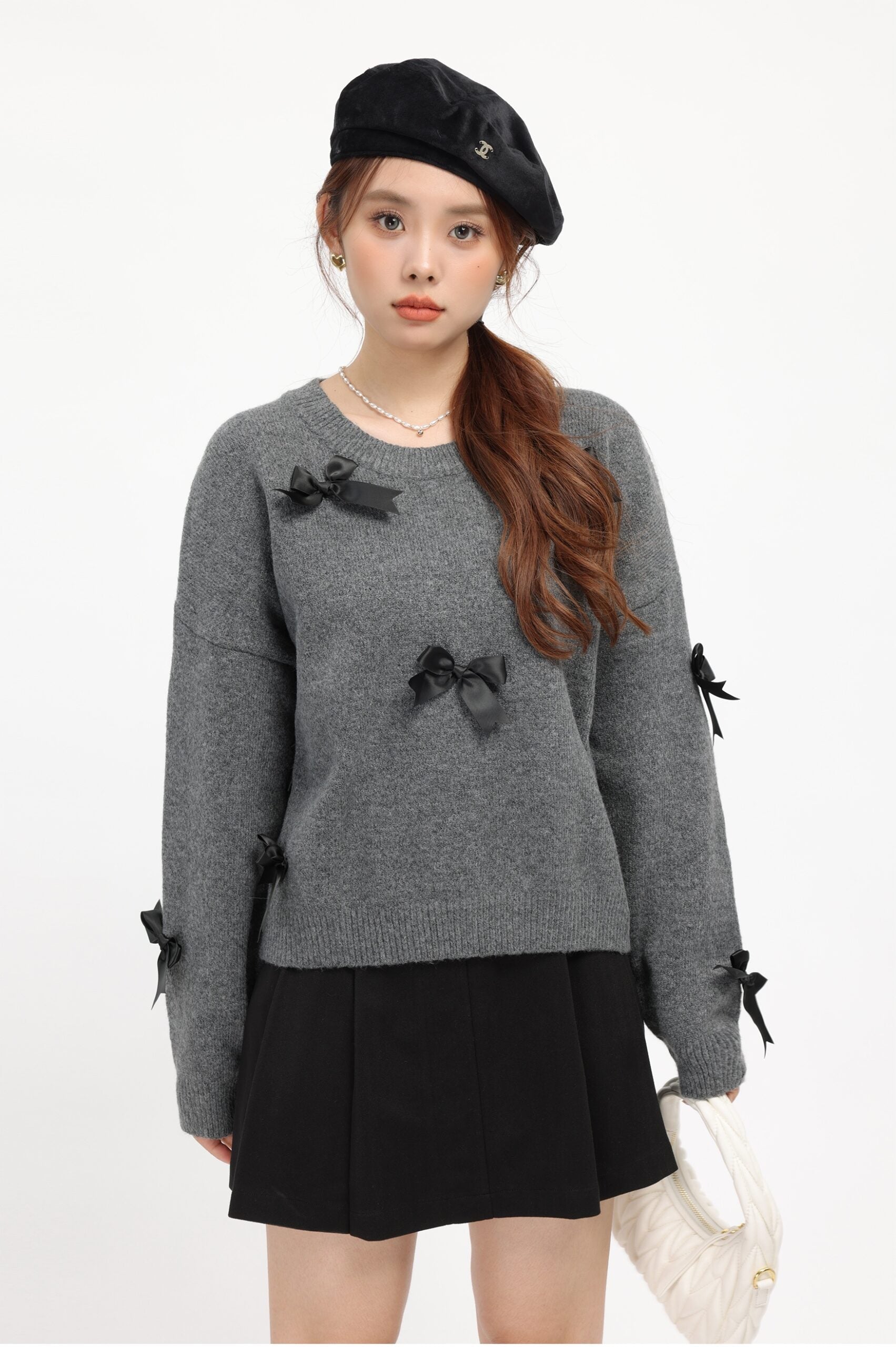 Grey Cozy Ribbon Detailed Knit Sweater