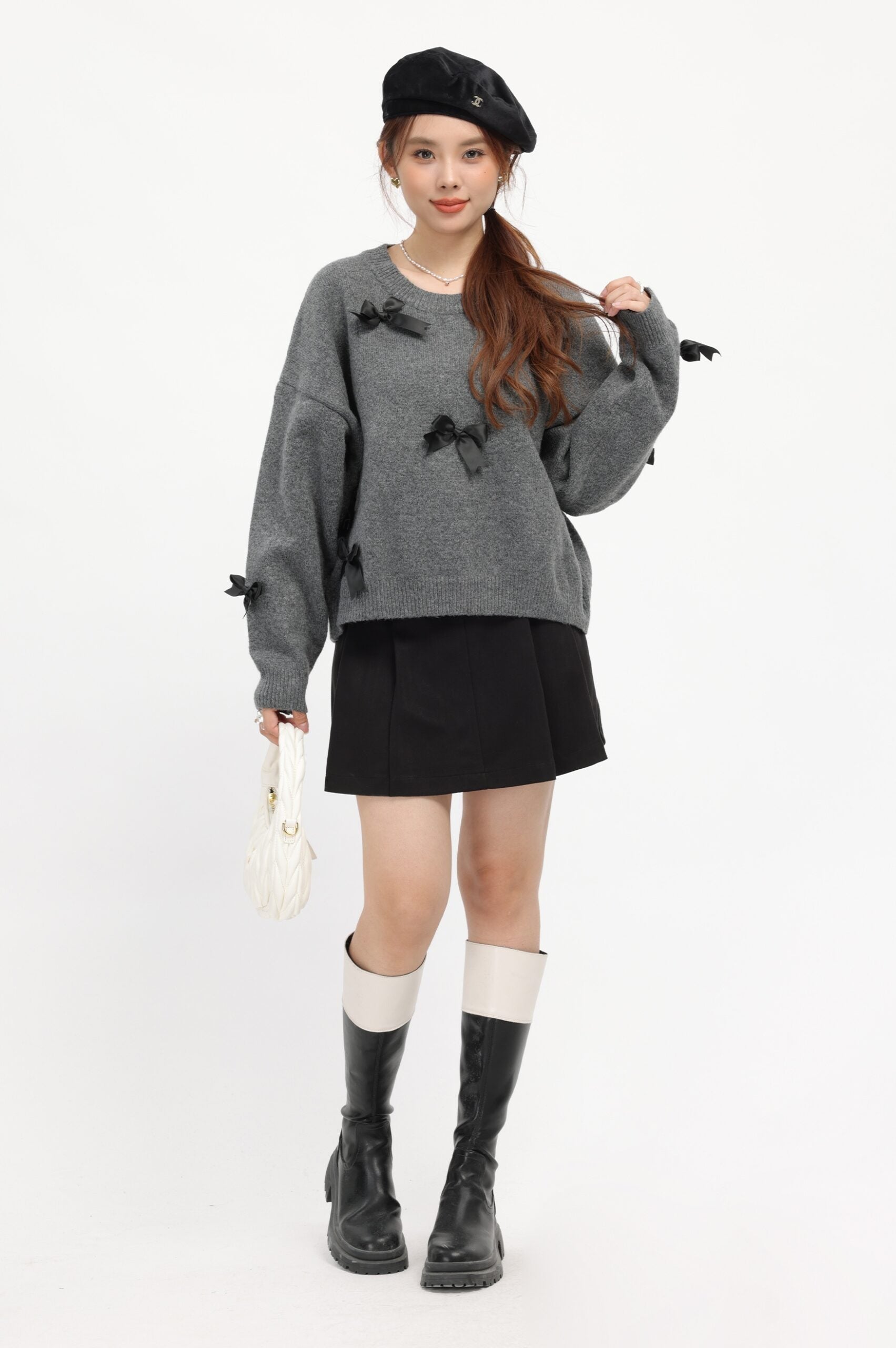 Grey Cozy Ribbon Detailed Knit Sweater
