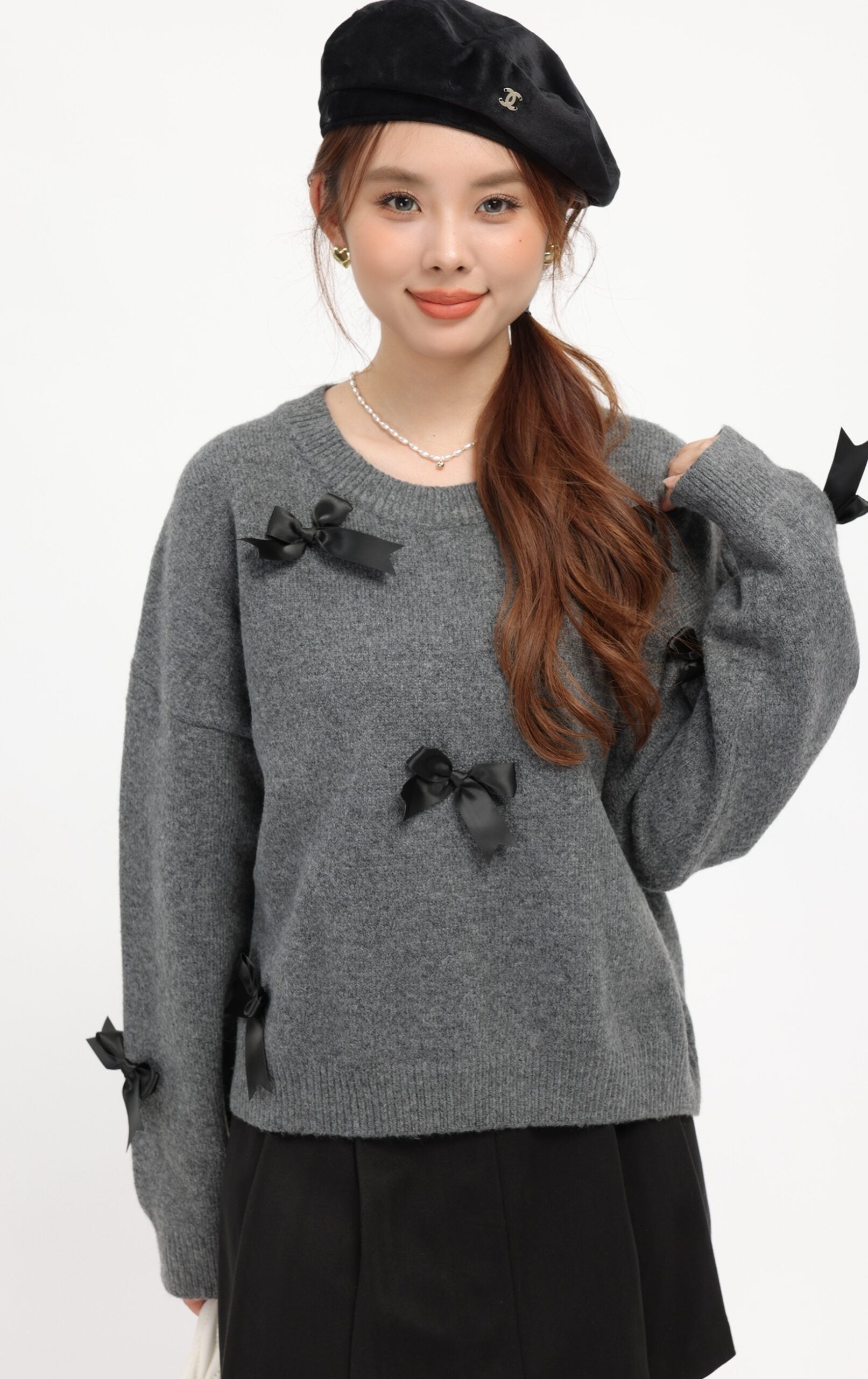 Grey Cozy Ribbon Detailed Knit Sweater