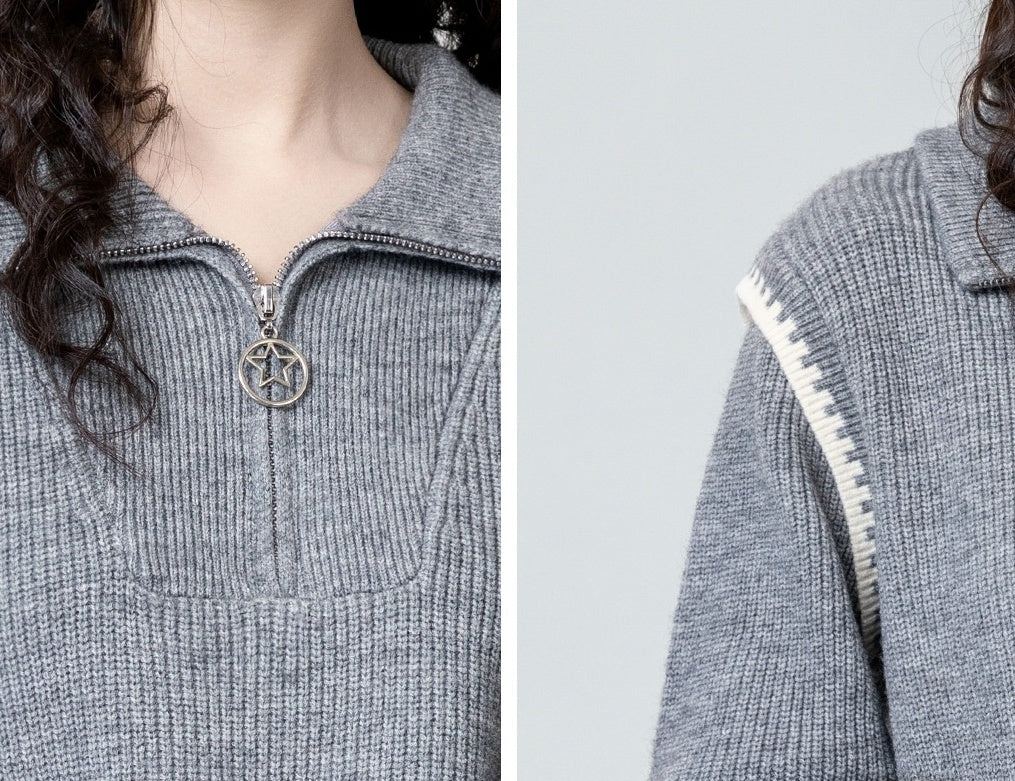Cozy Knit Sweater With Star Zip Pull