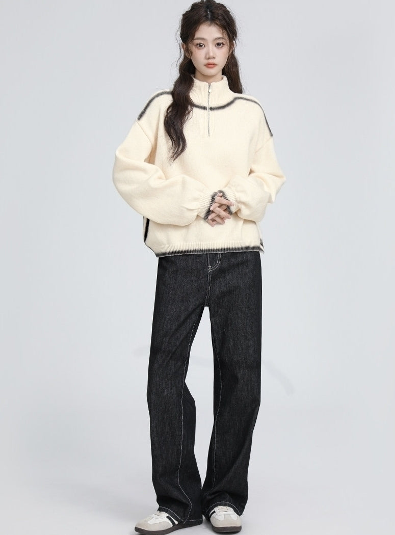 Cozy High Neck Half Zip Knit Sweater Pullover