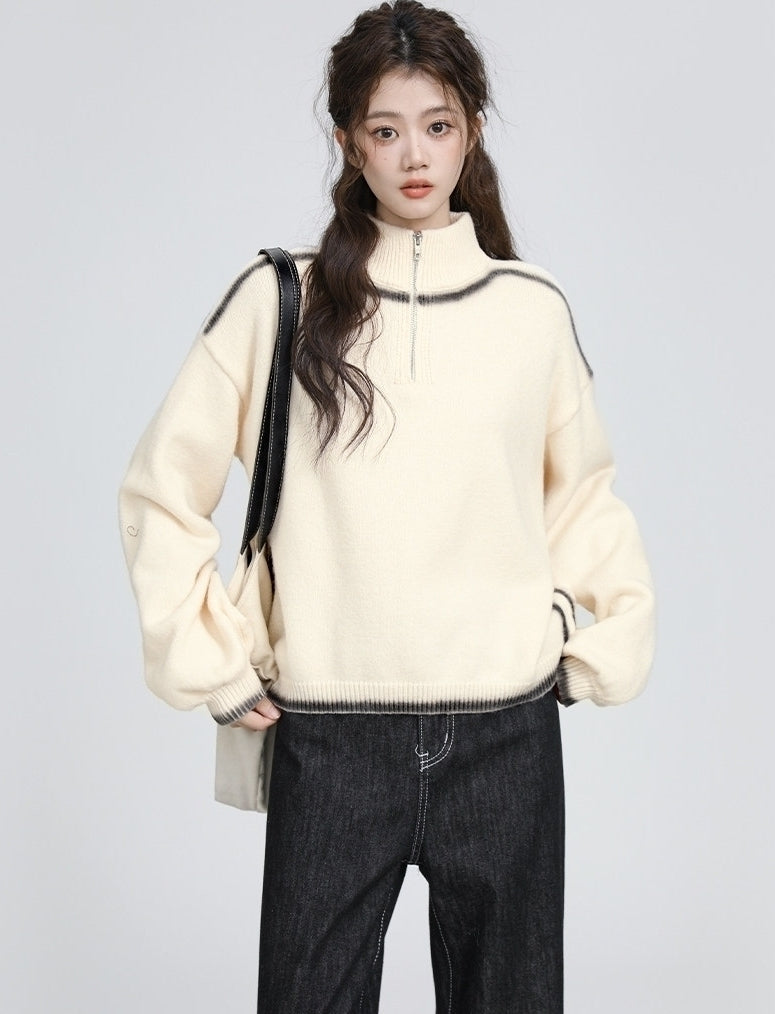 Cozy High Neck Half Zip Knit Sweater Pullover
