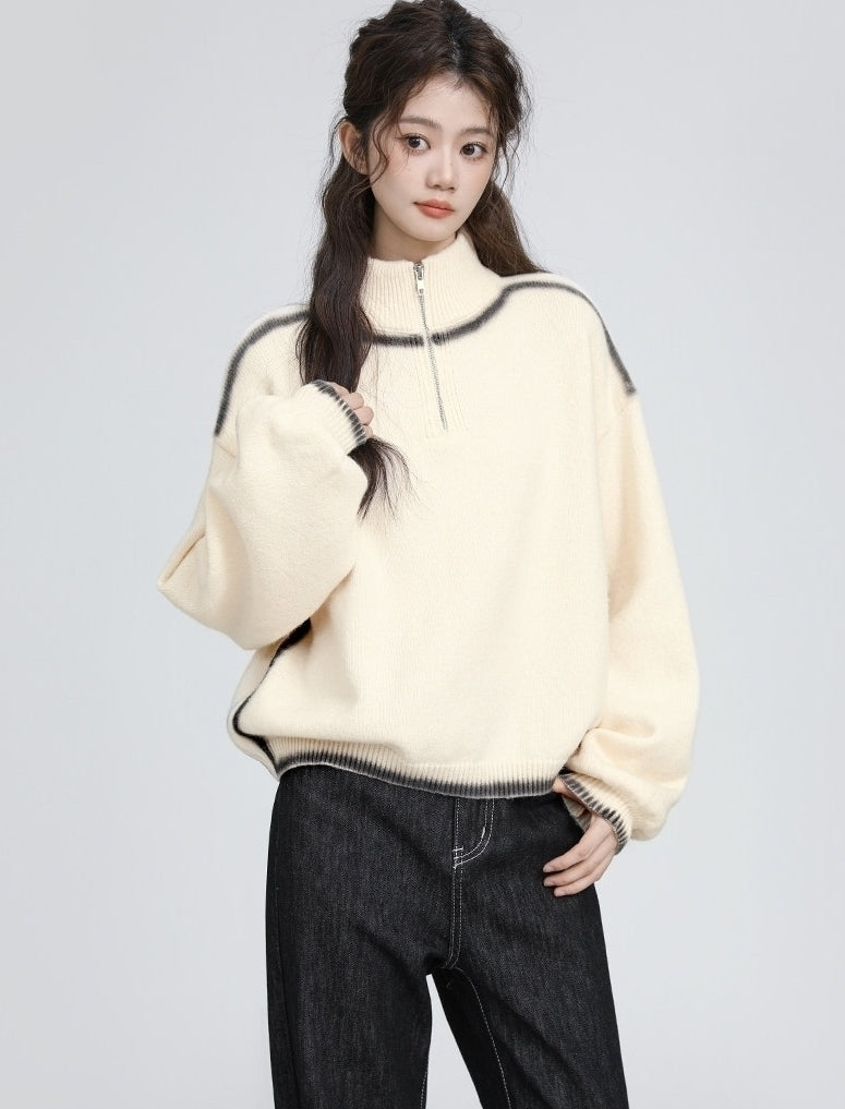 Cozy High Neck Half Zip Knit Sweater Pullover