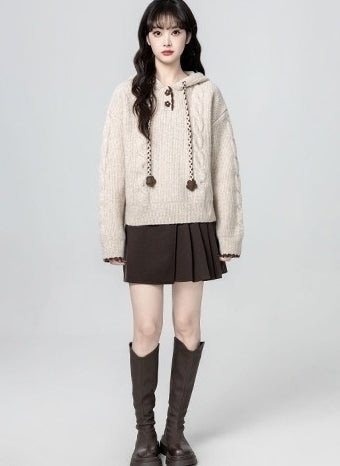 Cozy Hooded Cable Knit Pullover Sweater