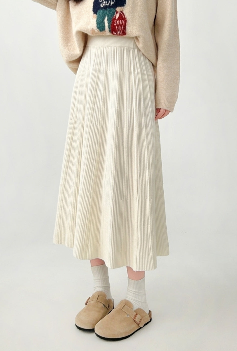 Cozy Knit High Waist Midi A Line Skirt