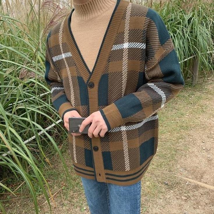 Cozy Knit Plaid Cardigan Sweater