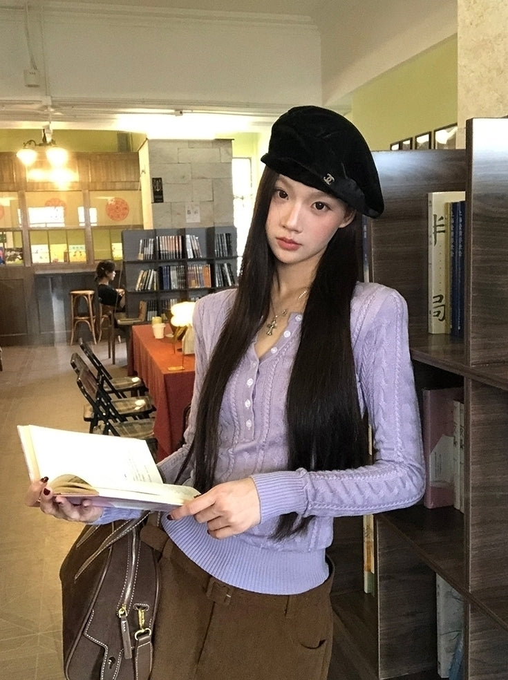 Cozy Knit Sweater Purple Slim Fit Long Sleeve
