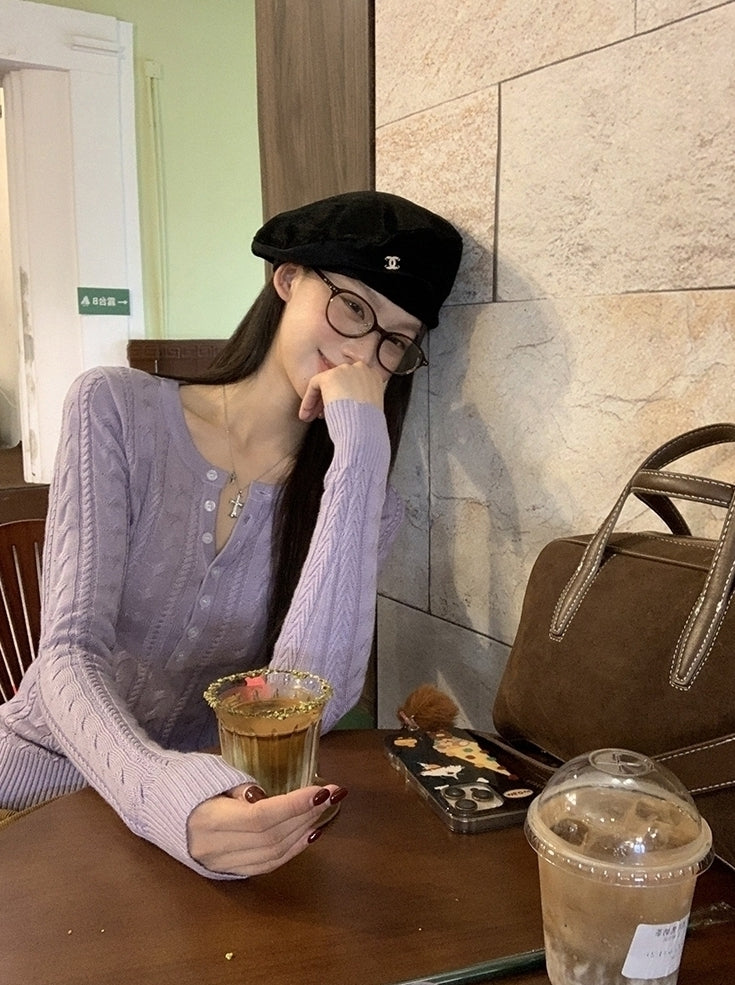 Cozy Knit Sweater Purple Slim Fit Long Sleeve