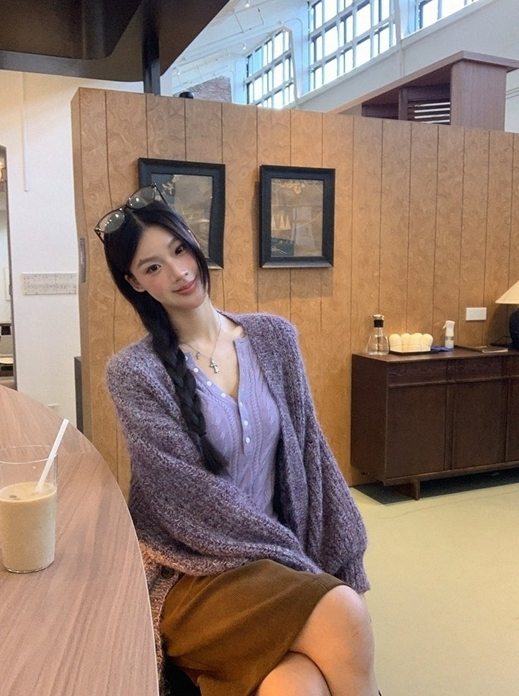 Cozy Knit Sweater Purple Slim Fit Long Sleeve