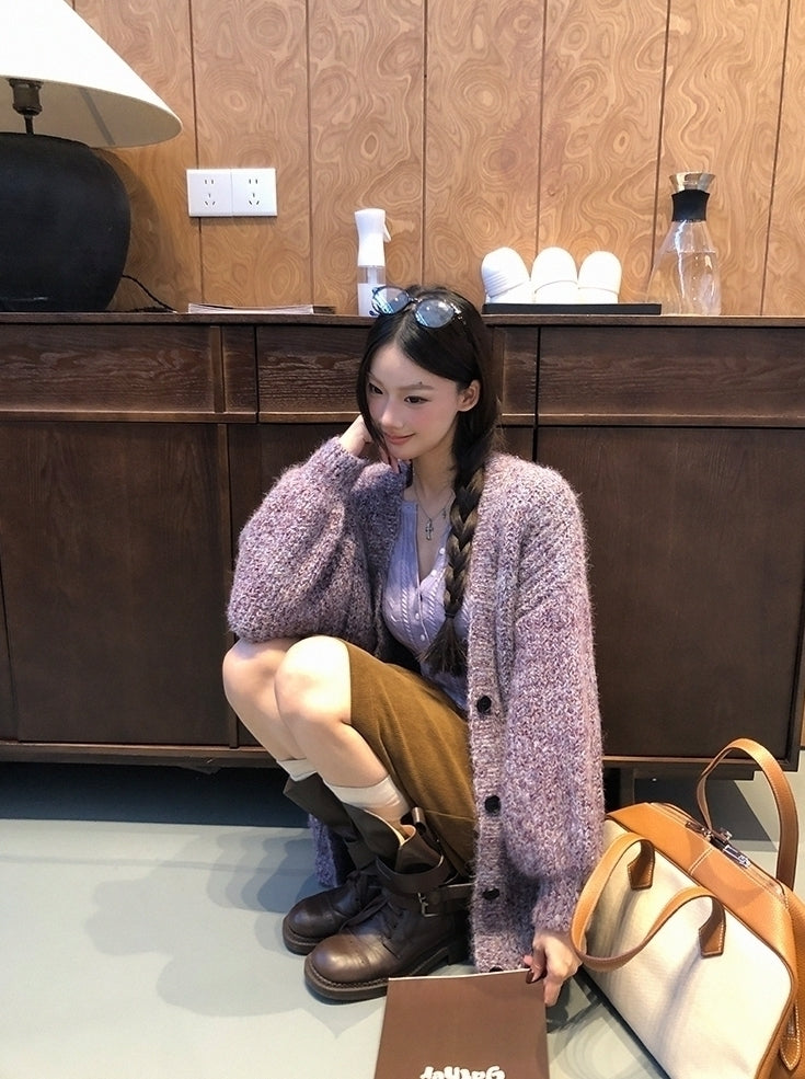 Cozy Knit Sweater Purple Slim Fit Long Sleeve