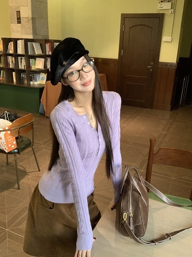Cozy Knit Sweater Purple Slim Fit Long Sleeve