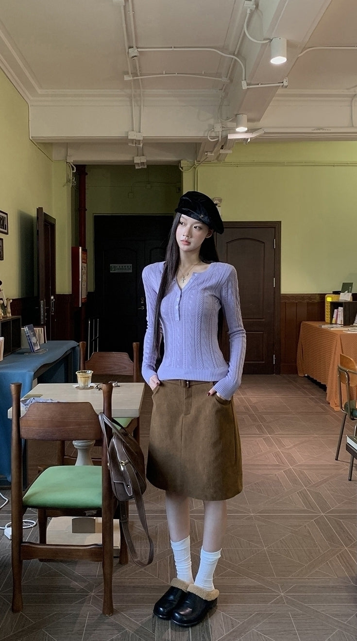 Cozy Knit Sweater Purple Slim Fit Long Sleeve