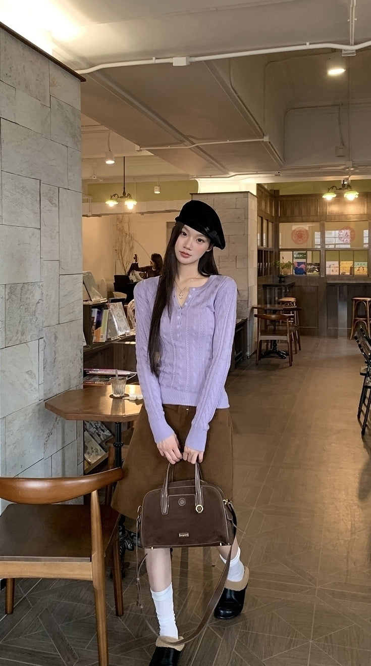 Cozy Knit Sweater Purple Slim Fit Long Sleeve