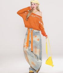 Cozy Off Shoulder Knit Sweater Orange