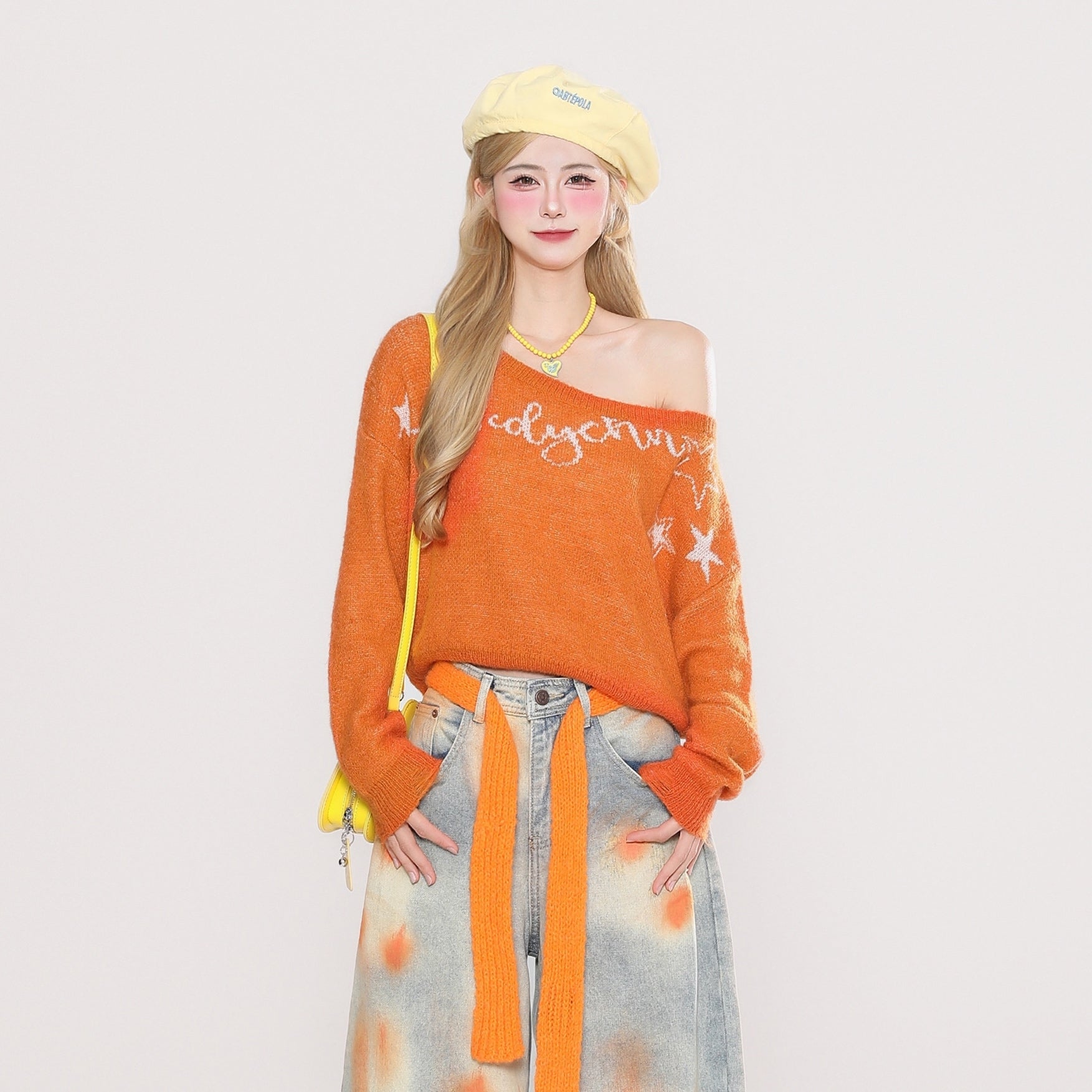 Cozy Off Shoulder Knit Sweater Orange