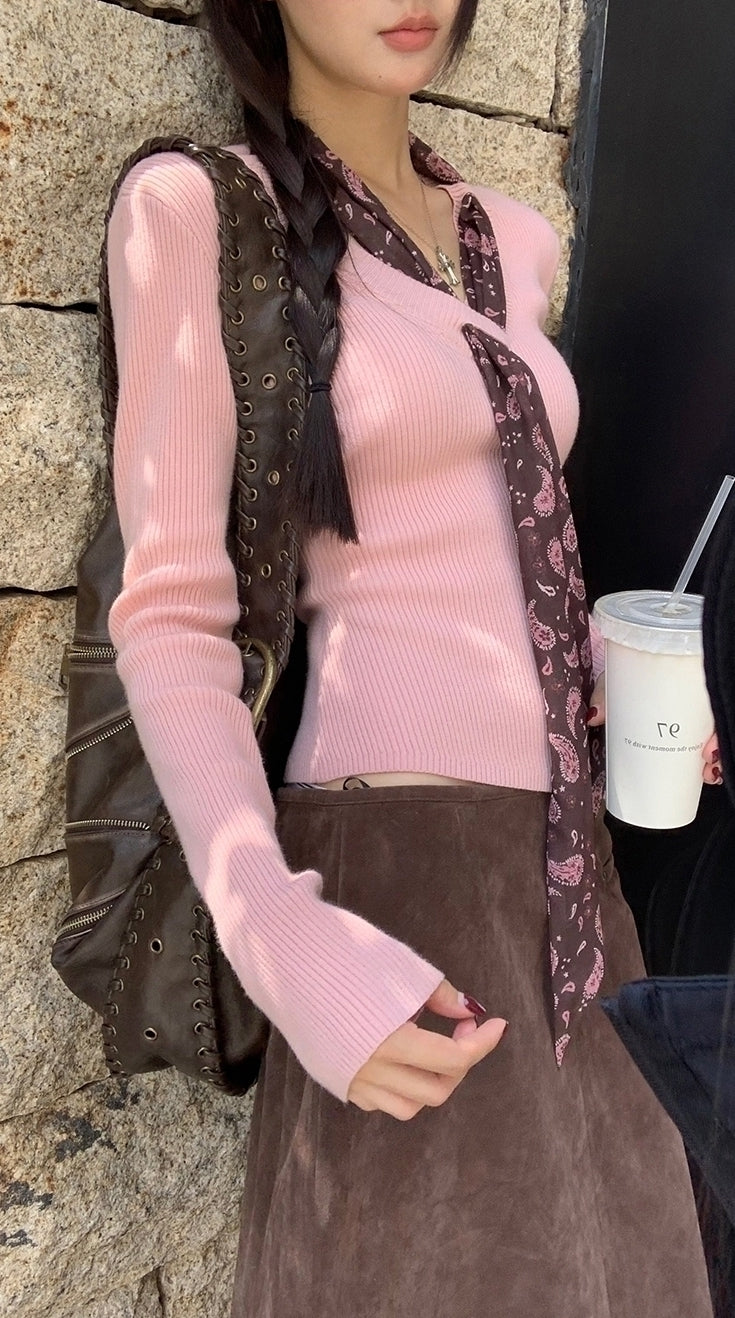 Cozy Pink Knit Sweater Soft Elegant Layering Top