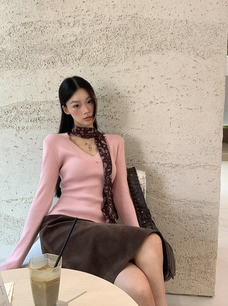 Cozy Pink Knit Sweater Soft Elegant Layering Top