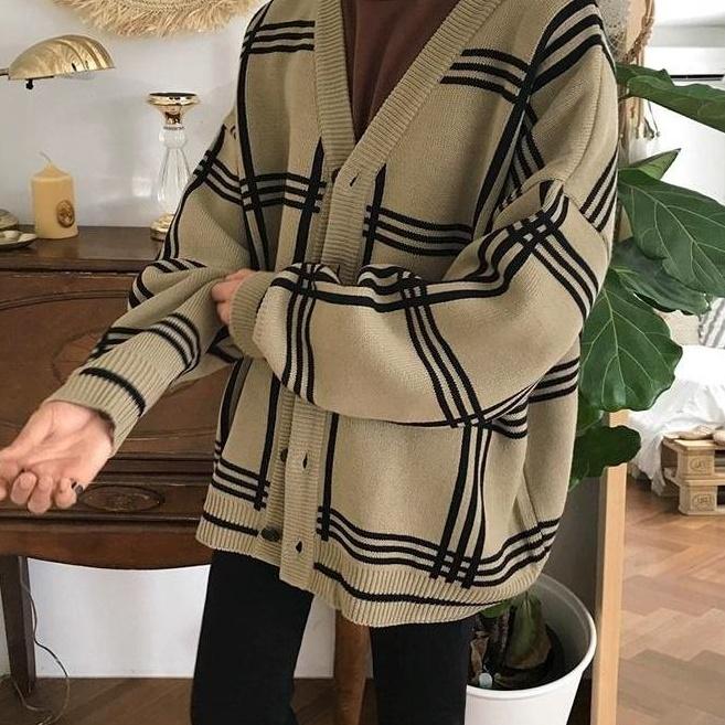 Cozy Plaid Knit Cardigan Sweater