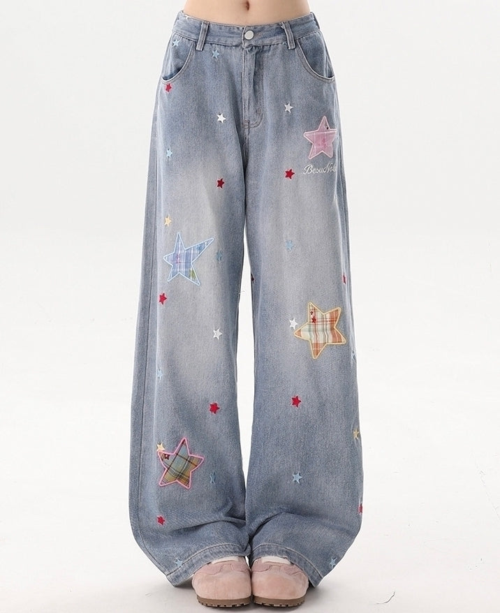 Cozy Star Patch Loose Fit Denim Pants