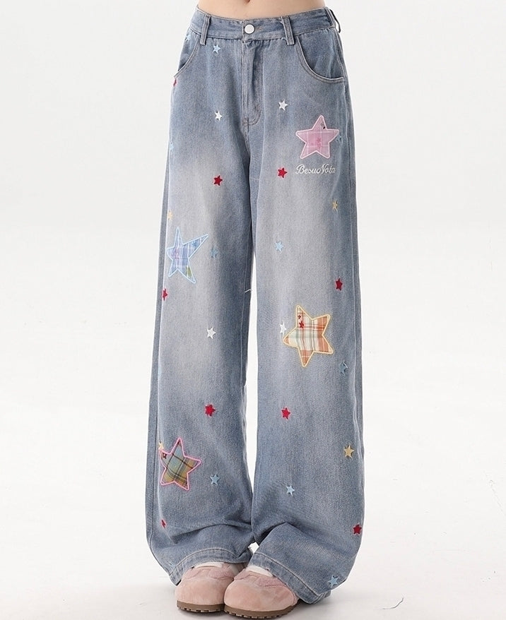 Cozy Star Patch Loose Fit Denim Pants