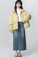 Cream Collared Patchwork Puffer Jacket