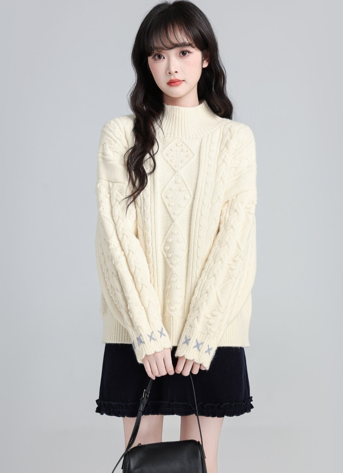 Cream Half Turtleneck Cable Knit Sweater Top
