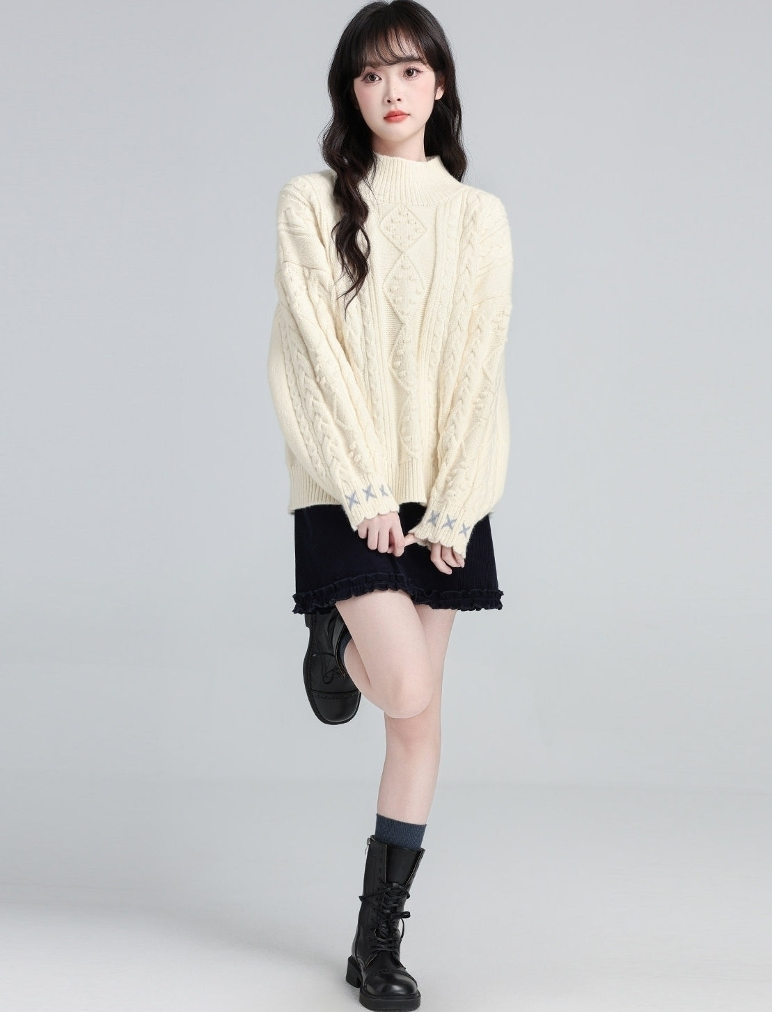 Cream Half Turtleneck Cable Knit Sweater Top