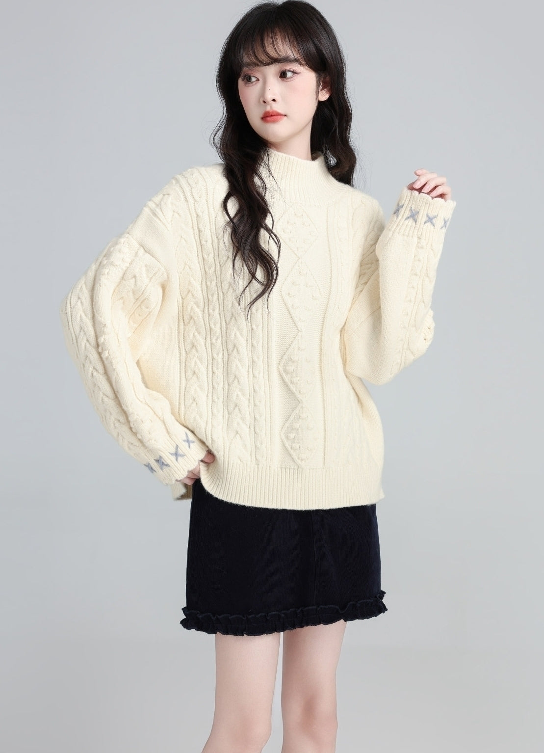 Cream Half Turtleneck Cable Knit Sweater Top